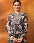 Wool Blend Floral Kurta Set with Zari Embroidery, Lace Detail & Solid Palazzo