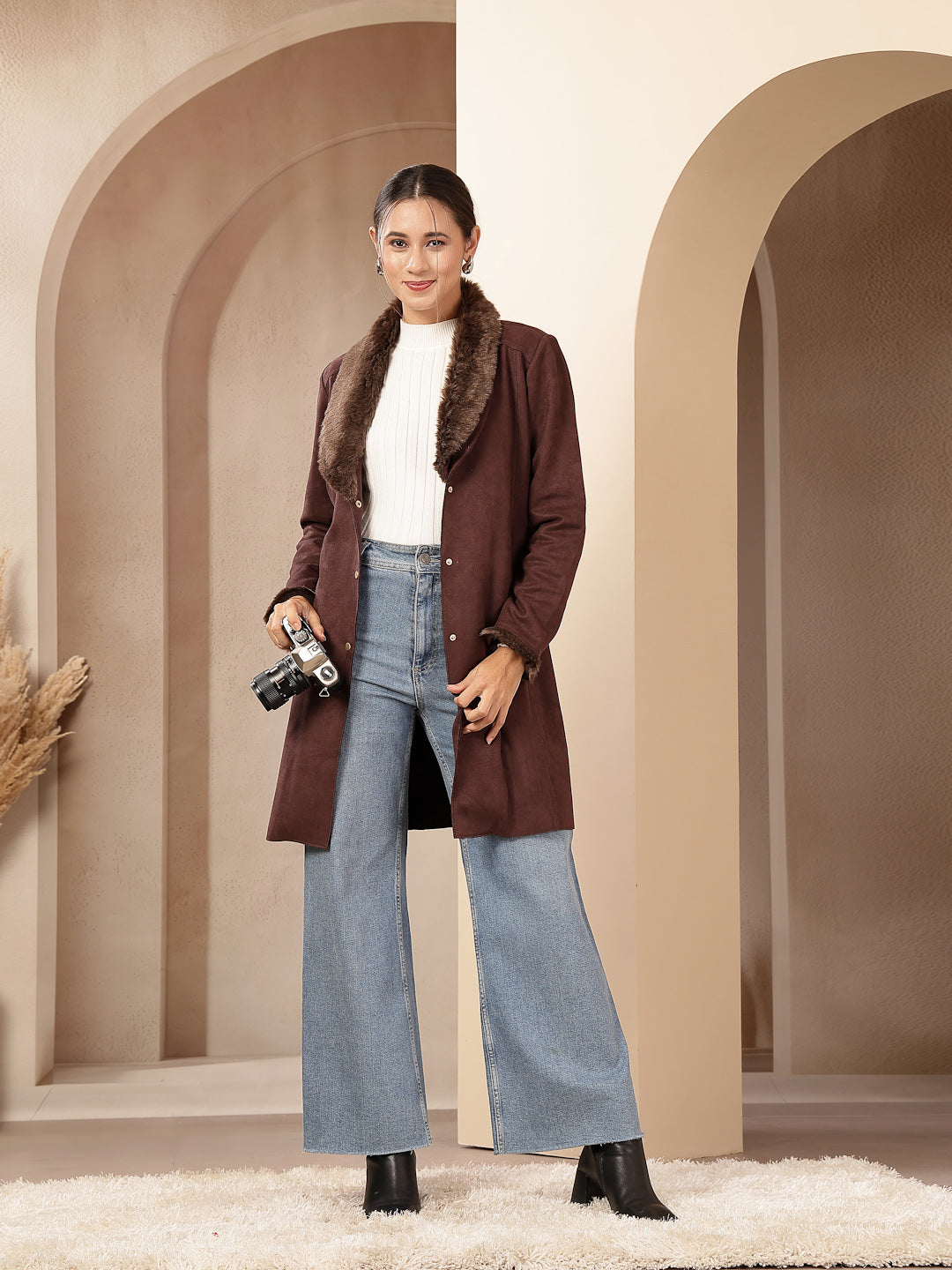 Suede Long Coat with Fur Collar &amp; Sleeve Detailing