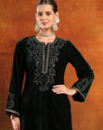 Velvet Zari-Embroidered Kurta Set with Bell Sleeves, Palazzo & Banarasi Dupatta