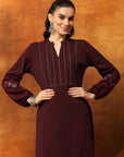 Wool Blend Kurta Set with Embroidered Yoke, Smocked Sleeves & Palazzo
