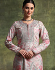 Wool Blend Floral Kurta Set with Zari Embroidery, Lace Detail & Solid Palazzo