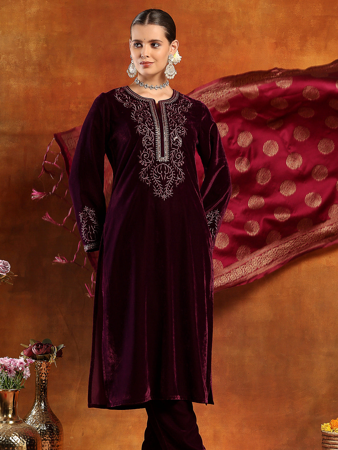 Velvet Zari-Embroidered Kurta Set with Bell Sleeves, Palazzo &amp; Banarasi Dupatta