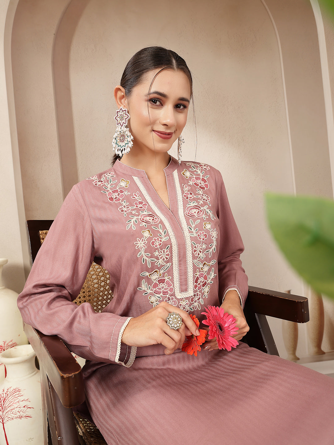 Rayon Kurta Set with Embroidered Mandarin Collar, Full Sleeves &amp; Stitched-Hem Palazzo