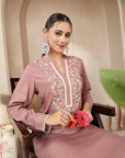 Rayon Kurta Set with Embroidered Mandarin Collar, Full Sleeves & Stitched-Hem Palazzo