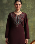 Wool Blend Embroidered Kurta Set with Silk Dupatta