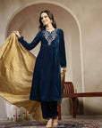 Velvet Straight Kurta Set with Zari Embroidery & Banarasi Dupatta