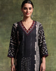 Printed Linen Kurta Set with Mirror Embroidery & Striped Dupatta