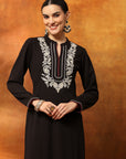 Wool Blend Embroidered Kurta Set with Mandarin Collar & Elasticated Palazzo