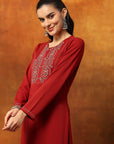 Wool Blend Calf-Length Kurta Set with Round Neck & Thread Embroidery