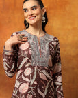 Wool Blend Floral Kurta Set with Zari Embroidery, Lace Detail & Solid Palazzo