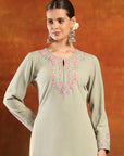 Knitted Wool Kurta Set with Ari Embroidery & Tasselled Dupatta