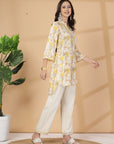 Yellow Abstract Print Rayon Slub Co-ord with Solid Palazzo