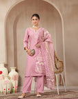Vetican Fabric Kurta Set with Embroidered Round Neck, Palazzo & Striped Silk Dupatta
