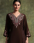 Crepe & Raschel Embroidered Kurta Set with Lace-Edged Mesh Dupatta