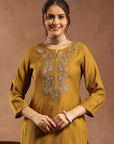 Silk Blend Kurta Set with Intricate Paisley Embroidery, Solid Palazzo & Zari Stitched Hem