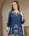 Thread Embroidered Cotton Kurti with Lace-Trim Sleeves