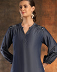 Cotton Denim Above-Knee Kurti with Embroidered Mandarin Collar & 3/4th Sleeves