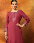 Floral Wool Blend Kurta Set with Embroidered Mandarin Collar & Printed Dupatta