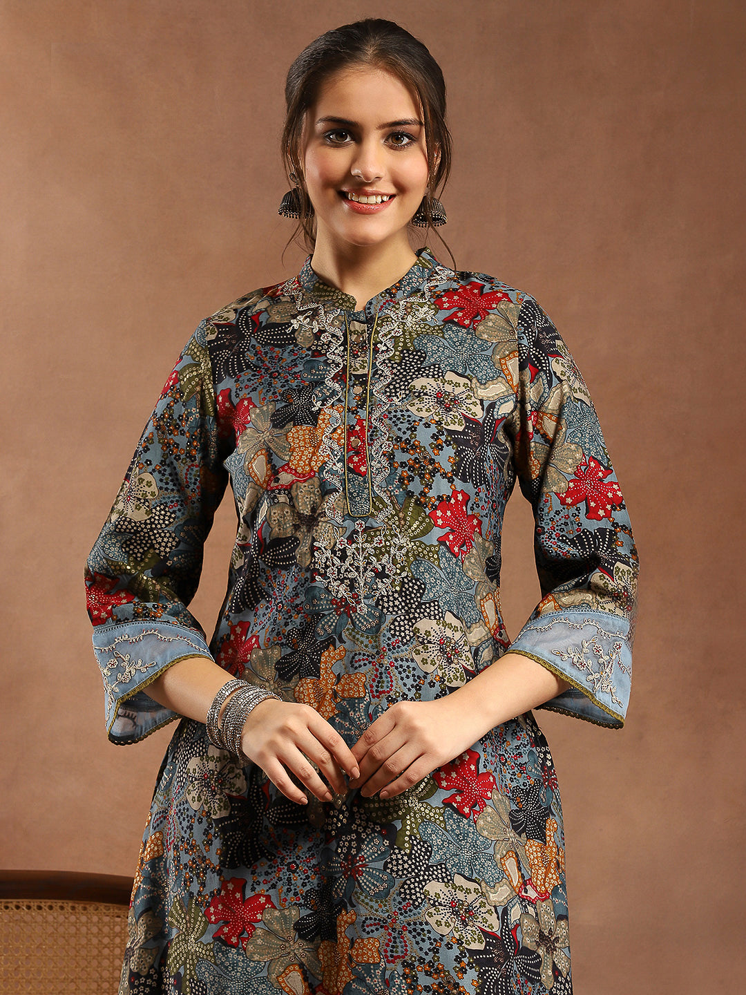 Floral Printed A-Line Modal Chanderi Kurta