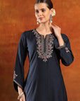 Poly Viscose Embroidered Kurta Set with Silk Palazzo & Printed Chiffon Dupatta