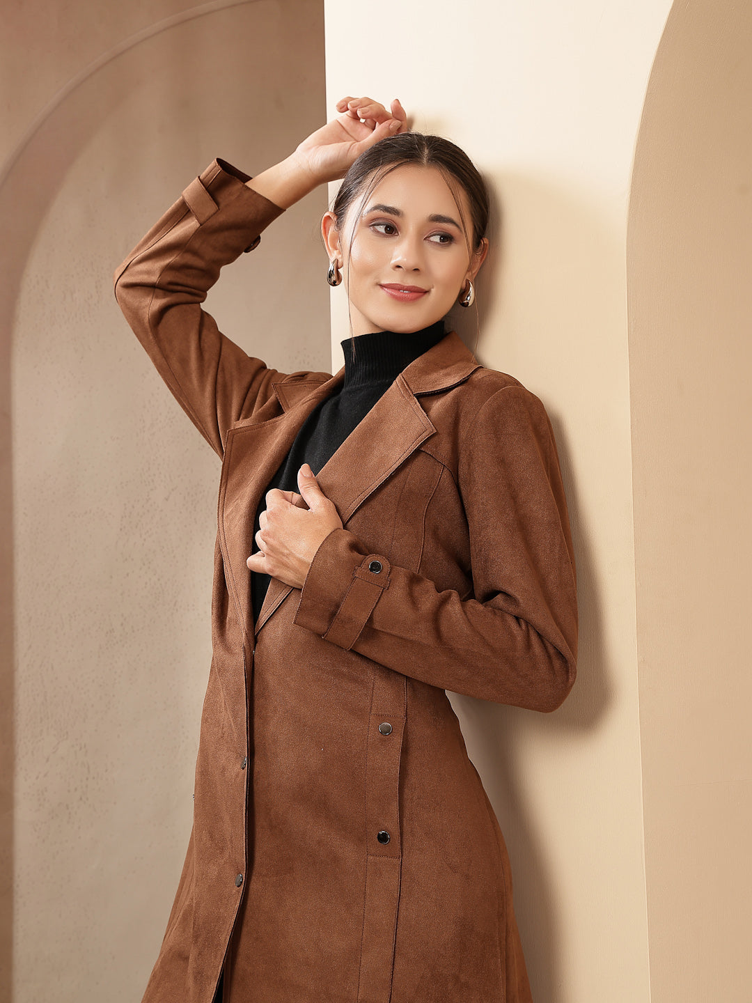 Suede Long Coat with Button Placket &amp; Tab-Sleeve Detailing