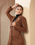 Suede Long Coat with Button Placket & Tab-Sleeve Detailing