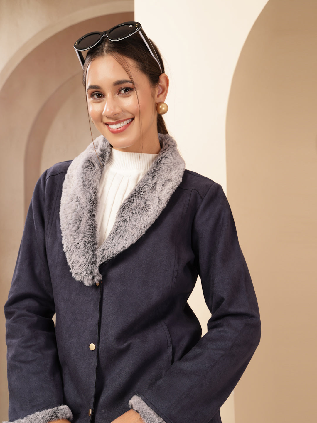 Suede Long Coat with Fur Collar &amp; Sleeve Detailing