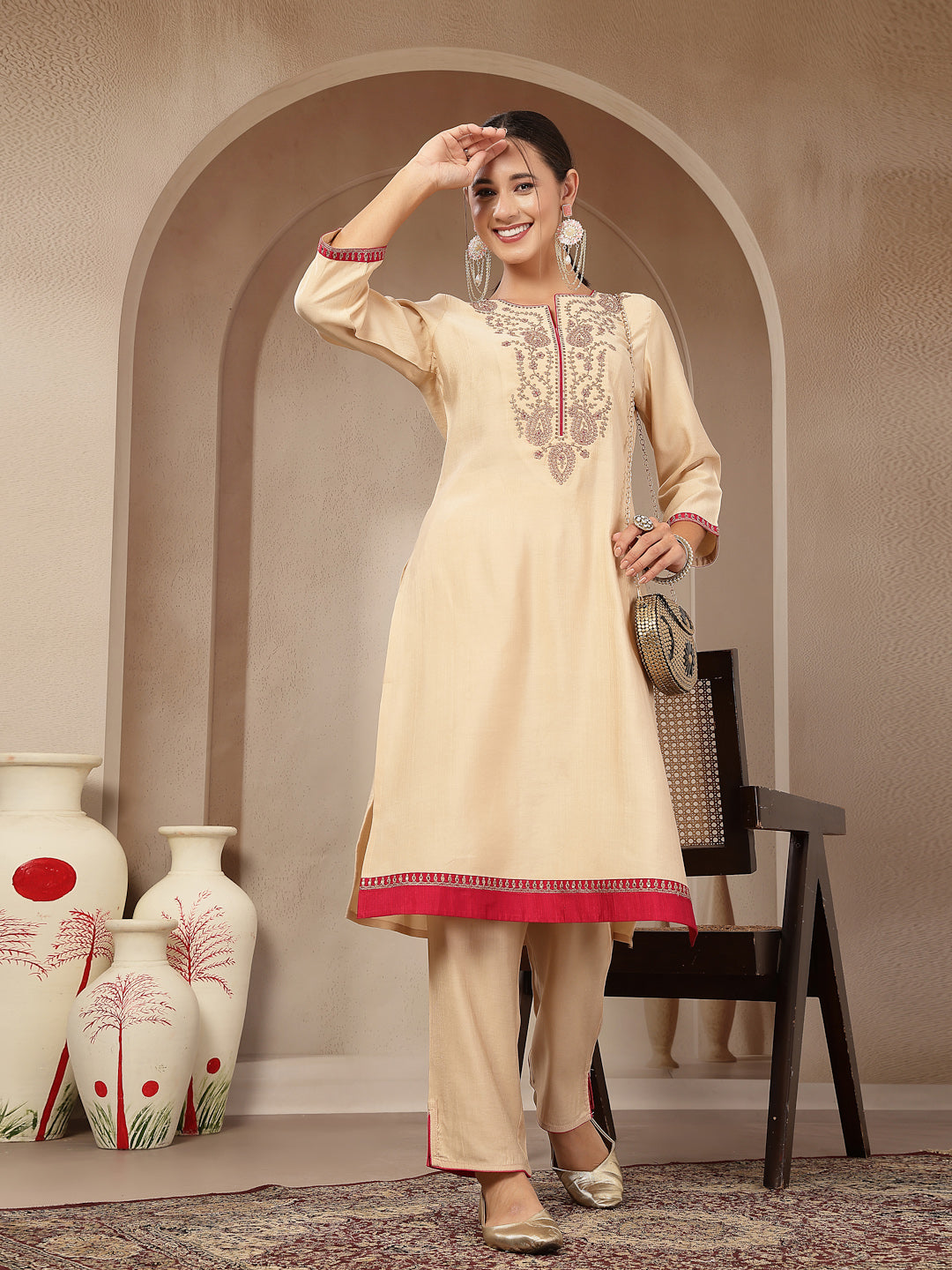 Zari-Embroidered Poly Viscose Kurta Set with Palazzo