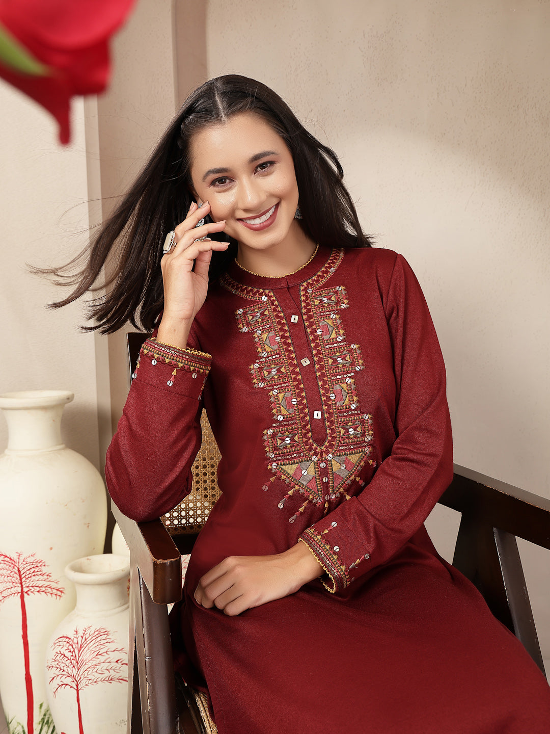 Viscose Blend Kurta Set with Ethnic Motif Embroidery