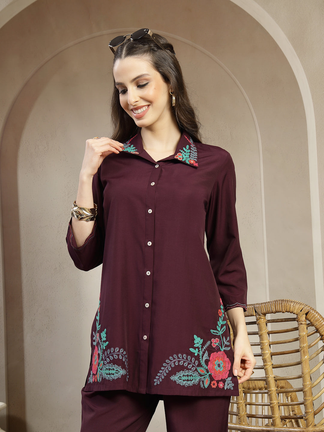 Solid Viscose Rayon Co-ord Set with Embroidered Shirt Collar