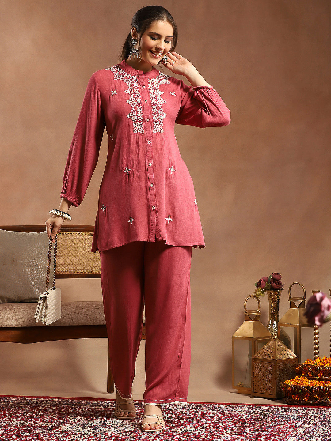 Viscose Rayon Lakhnavi Embroidered Kurti with Lace Hem Palazzo