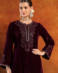 Velvet Zari-Embroidered Kurta Set with Bell Sleeves, Palazzo & Banarasi Dupatta