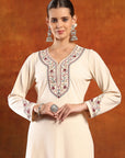 Knitted Wool Kurta Set with Embroidery, Palazzo & Tasselled Chanderi Dupatta