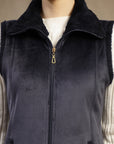 Velour Fur Sleeveless Jacket with Structured Collar & Zipper Closure