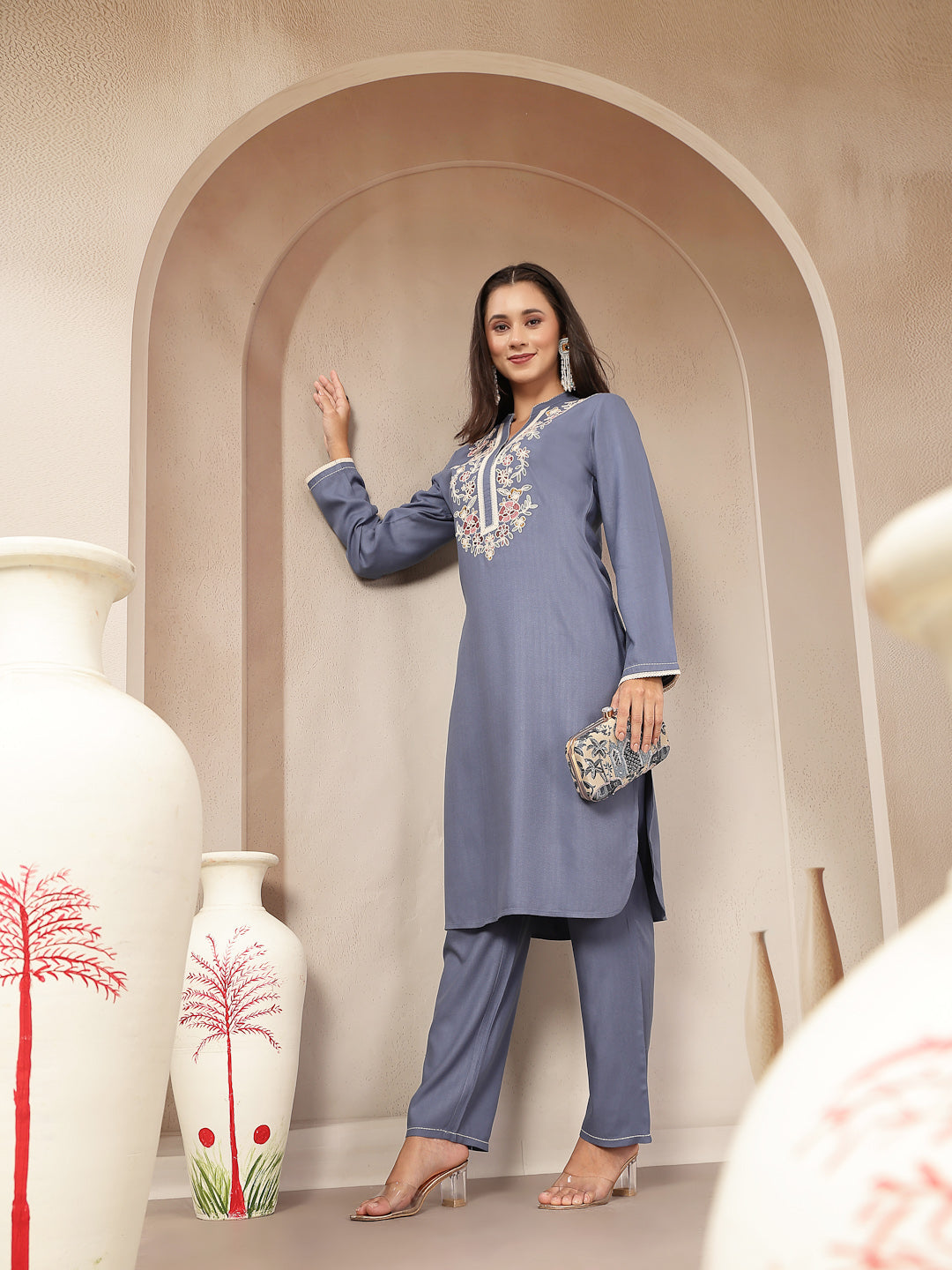Rayon Kurta Set with Embroidered Mandarin Collar, Full Sleeves &amp; Stitched-Hem Palazzo