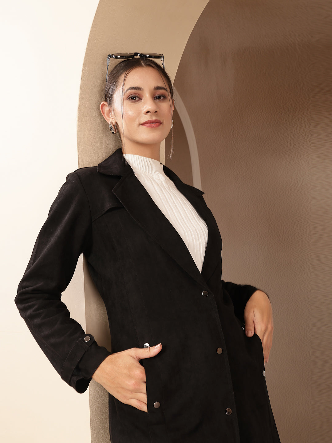 Suede Long Coat with Button Placket &amp; Tab-Sleeve Detailing