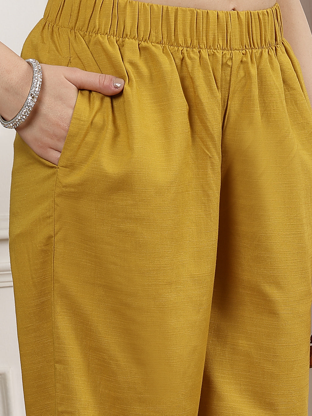 Mustard Embroidered Cotton Linen Kurta Set with Palazzo