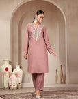 Rayon Kurta Set with Embroidered Mandarin Collar, Full Sleeves & Stitched-Hem Palazzo