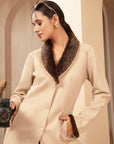 Suede Long Coat with Fur Collar & Sleeve Detailing
