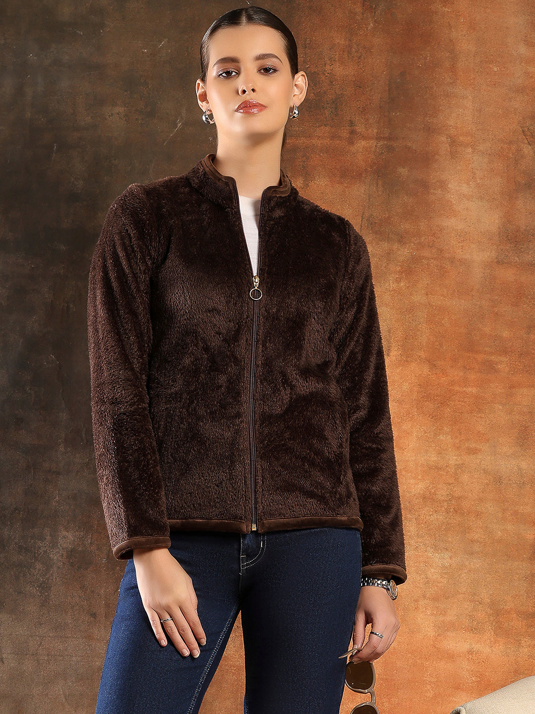 Wool Blend High-Collar Zip Jacket with Functional Pockets