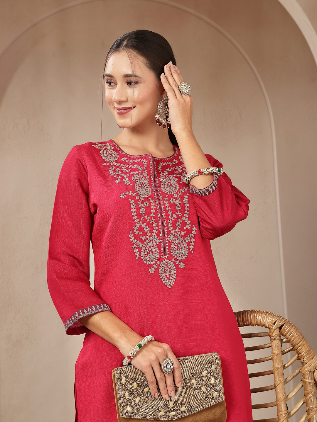 Zari-Embroidered Poly Viscose Kurta Set with Palazzo