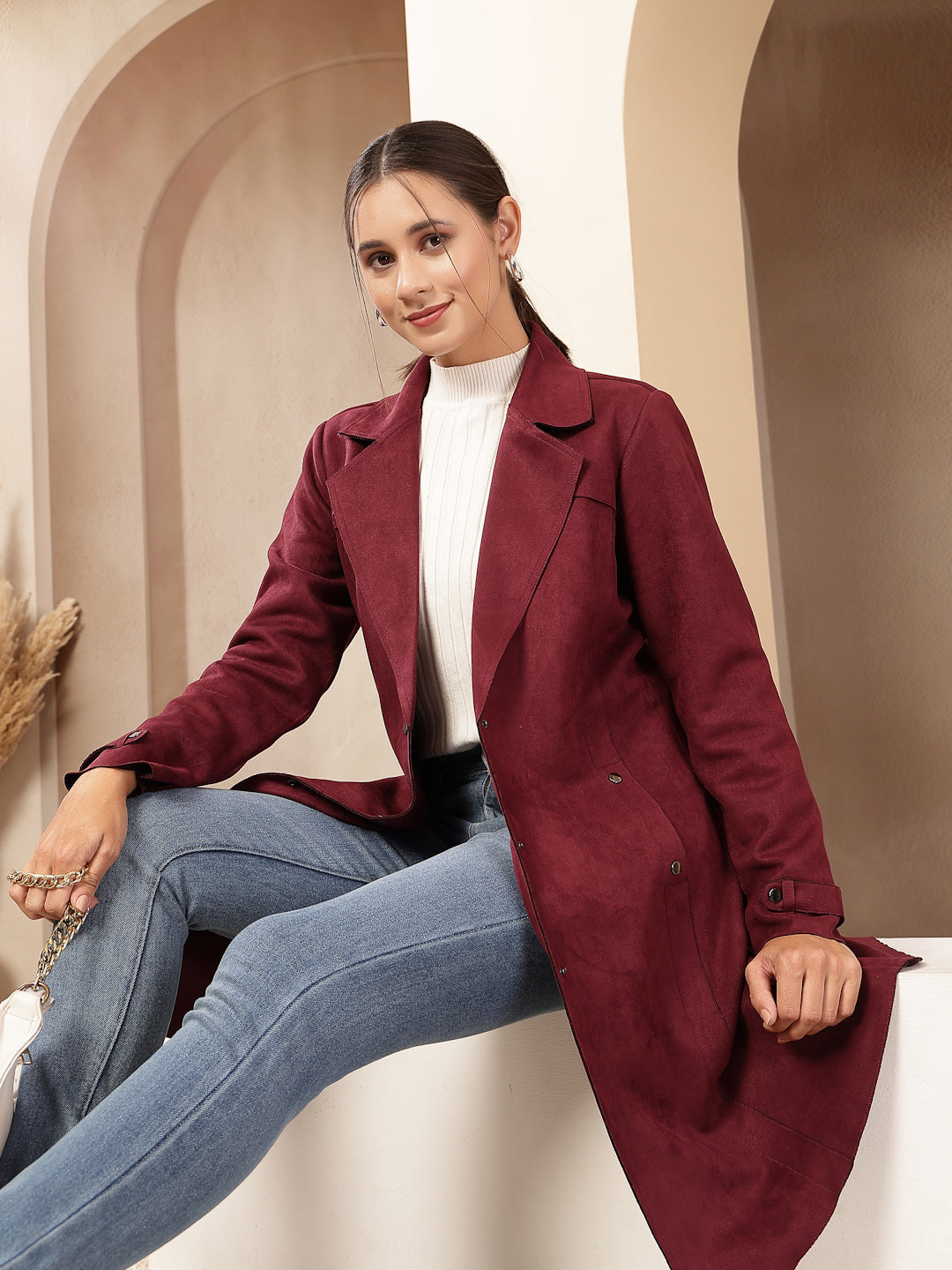 Suede Long Coat with Button Placket &amp; Tab-Sleeve Detailing