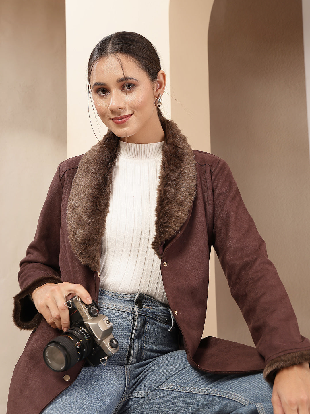 Suede Long Coat with Fur Collar &amp; Sleeve Detailing