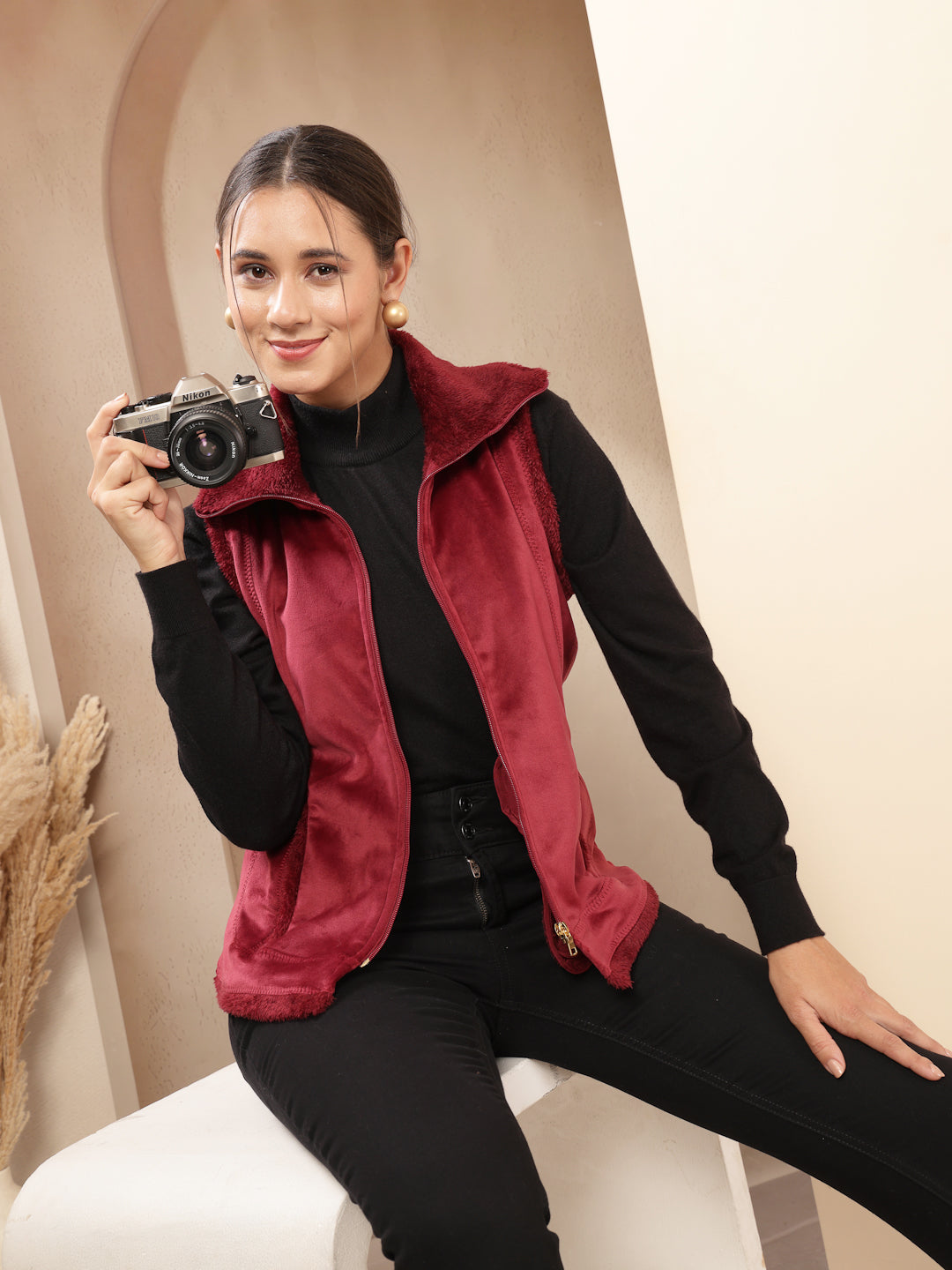 Velour Fur Sleeveless Jacket with Structured Collar &amp; Zipper Closure