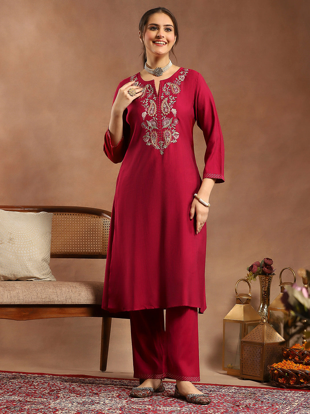 Silk Blend Kurta Set with Intricate Paisley Embroidery, Solid Palazzo &amp; Zari Stitched Hem