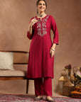 Silk Blend Kurta Set with Intricate Paisley Embroidery, Solid Palazzo & Zari Stitched Hem