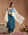 Kurta Set with Intricate Dori Embroidery, Lace Hem Palazzo & Embroidered Supernet Dupatta