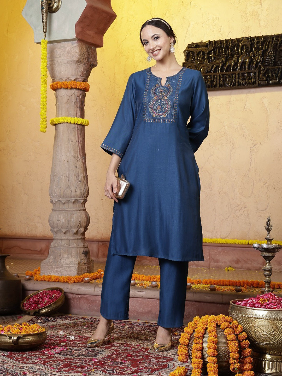 Solid Poly Viscose Kurta Set with Zari Embroidery