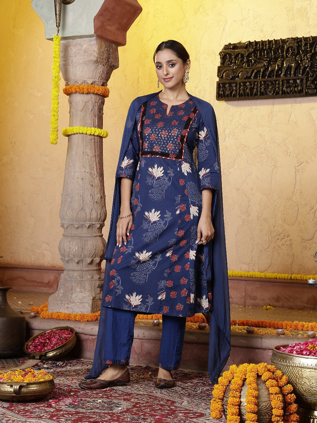 Floral Printed Cotton A-line Kurta Set with Dupatta for Women