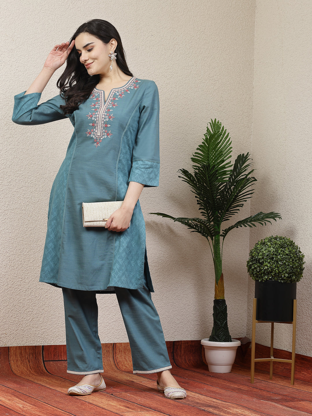 Women Solid Embroidered Kurta And Palazzo Set